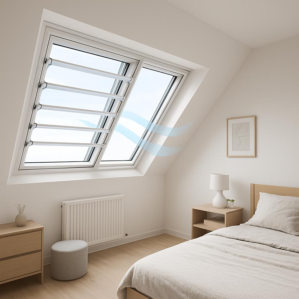 A bedroom with a large window, a bed, and a nightstand. The room is painted white and has a light-colored wood floor. Ther...