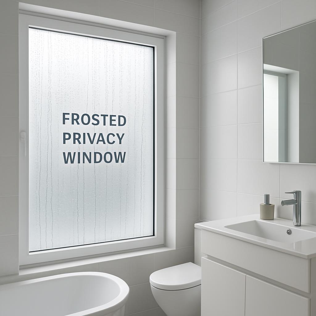 A modern bathroom with a window featuring frosted privacy film, and the text "FROSTED PRIVACY WINDOW" in a stylized black ...